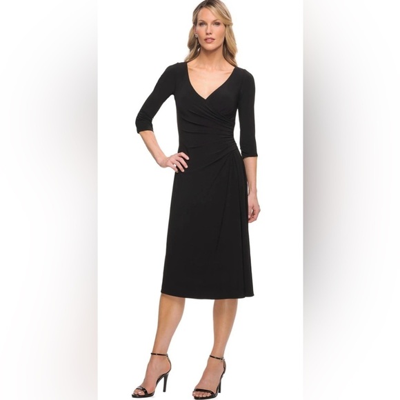 La Femme 30069‎ A-Line Knee-Length Black Ruched V Neck Dress Size 14 Party Event
